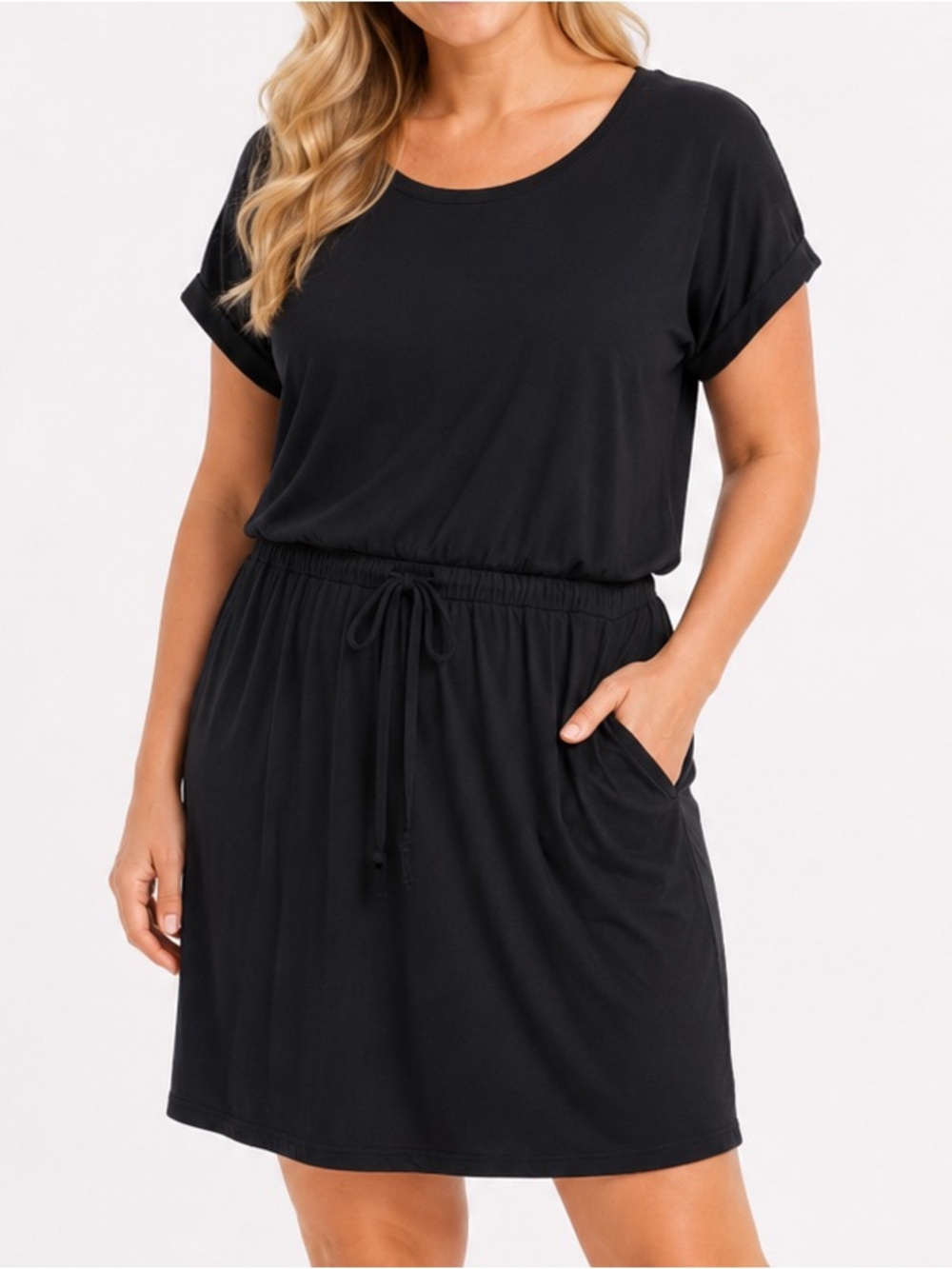 32 Degrees Womens Black Short Sleeve Drawstring Waist Dress Athleisure